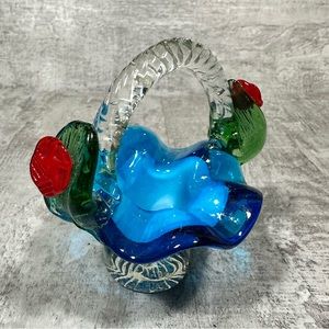 Vintage Art Glass Blue Basket with Red Flower, Blue Leaf and Twisted Handle bowl